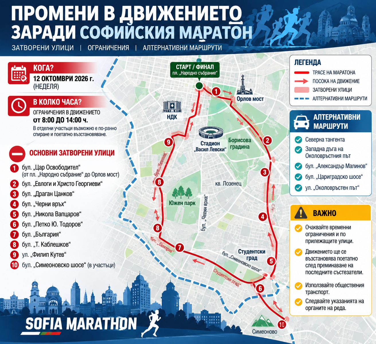 Промени в движението заради втория ден на Софийския маратон
